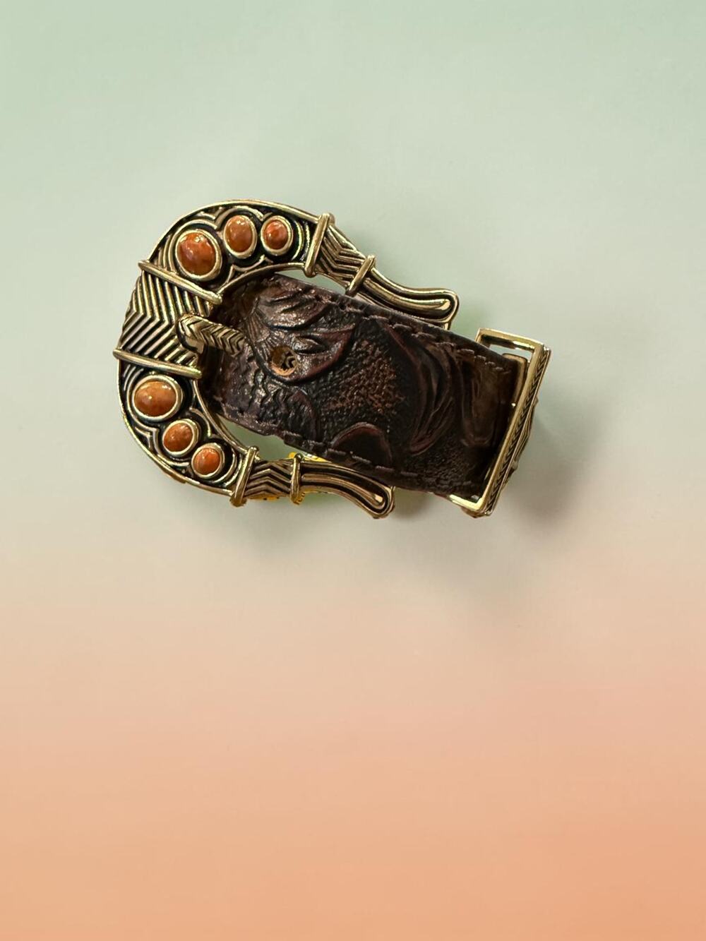 Barse Coral Tooled Leather Belt Buckle Bracelet Western Boho Thailand 11"